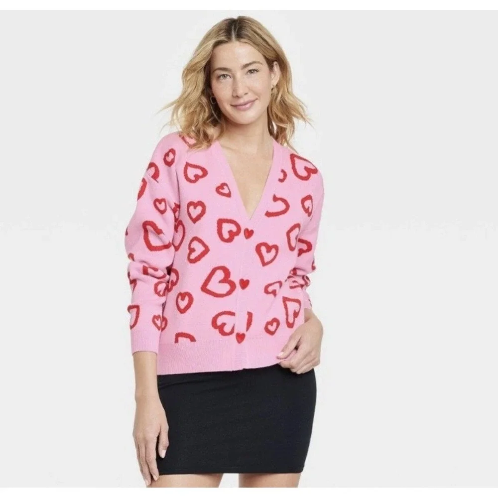 33‎ Degrees Pink Red Heart Pattern Button Up Cardigan Sweater Small